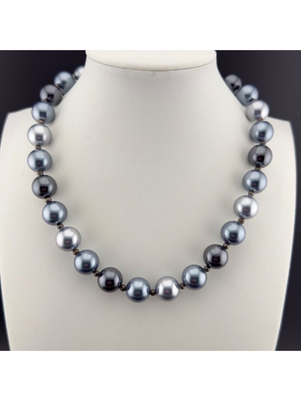 Gray Glass Bead Faux Pearl Necklace Large Luster Chunky 15 inch